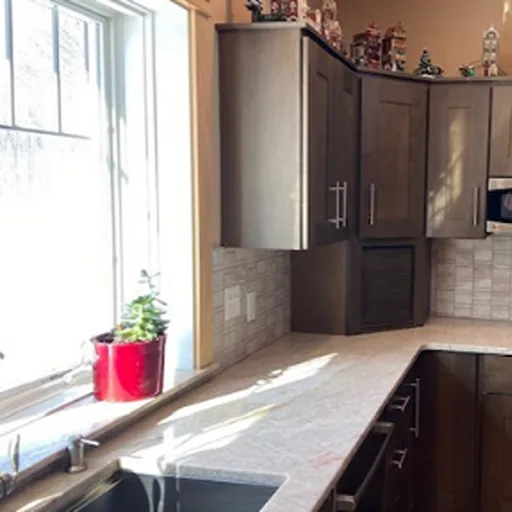 Kitchen with stone countertop and neutral backsplash tile 
